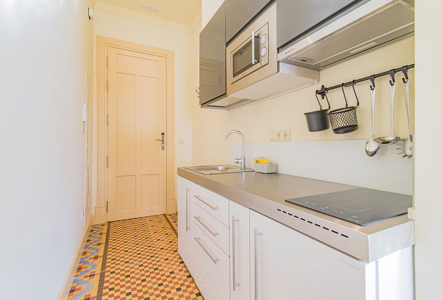 Zona de cocina del apartamento Penthouse, con microondas y placa de cocción