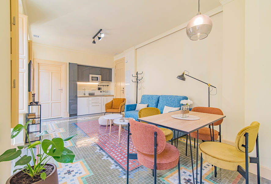 Vista general del Apartamento con suelos originales de mosaico